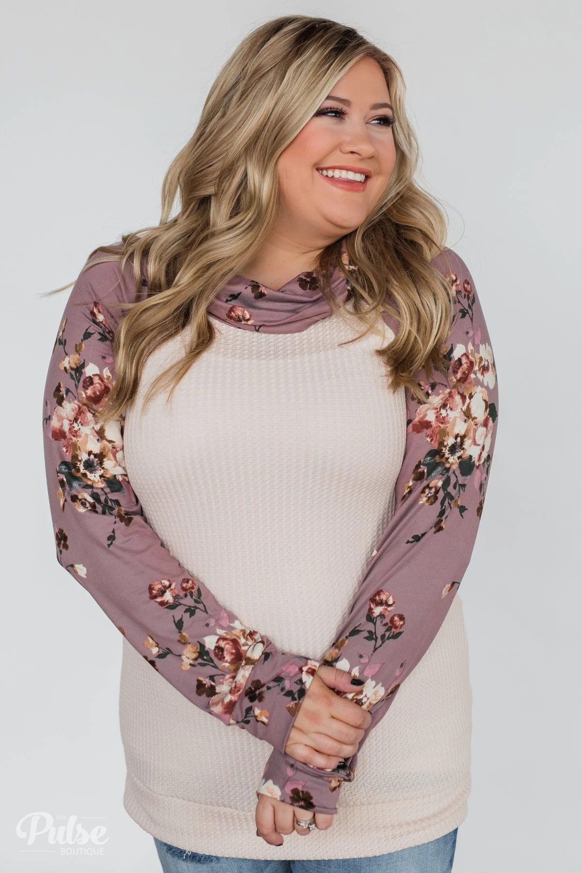 Floral & Waffle Print Cowl Neck Top- Cream & Purple - Image 9
