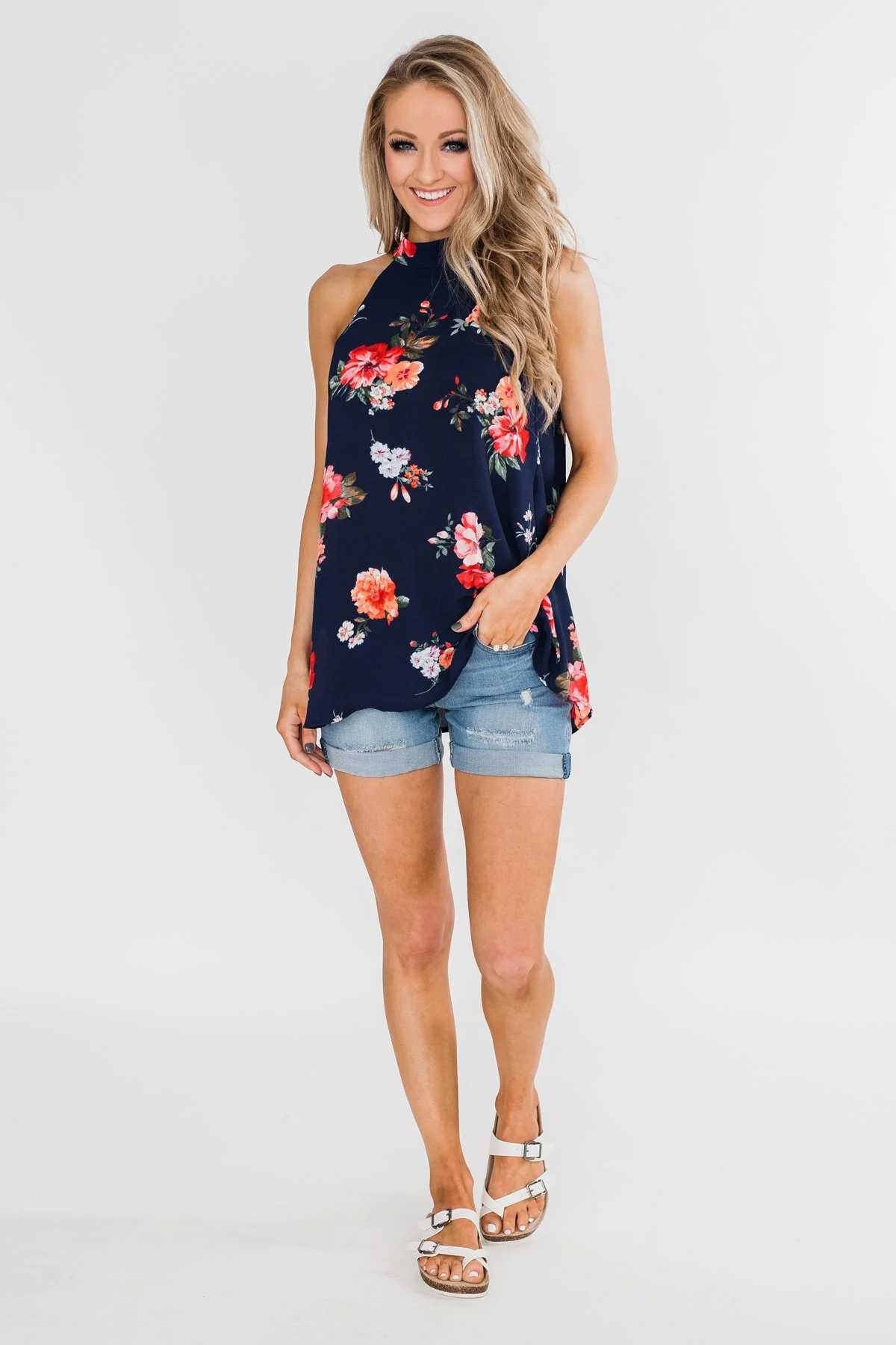 Flourish in Floral Halter Tank Top- Navy - Image 4