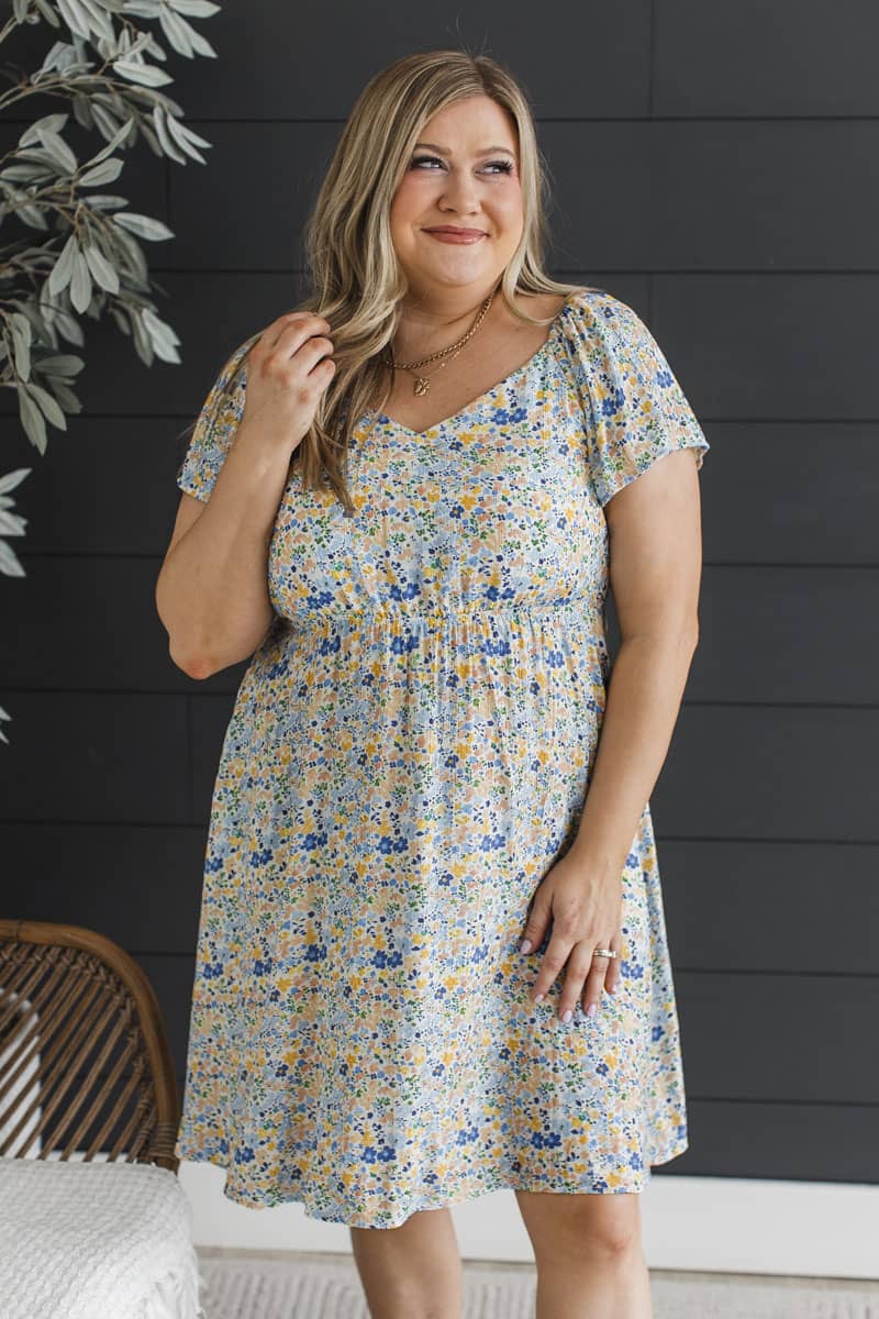 Flow With Confidence Floral Mini Dress- Ivory & Blue