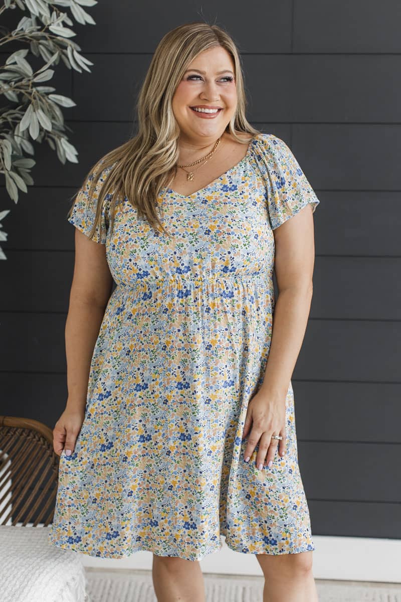 Flow With Confidence Floral Mini Dress- Ivory & Blue - Image 3