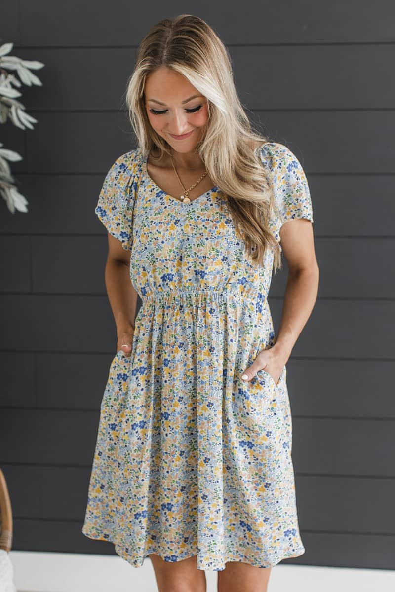 Flow With Confidence Floral Mini Dress- Ivory & Blue - Image 4