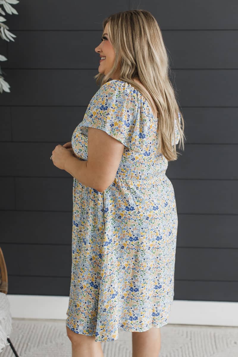 Flow With Confidence Floral Mini Dress- Ivory & Blue - Image 5