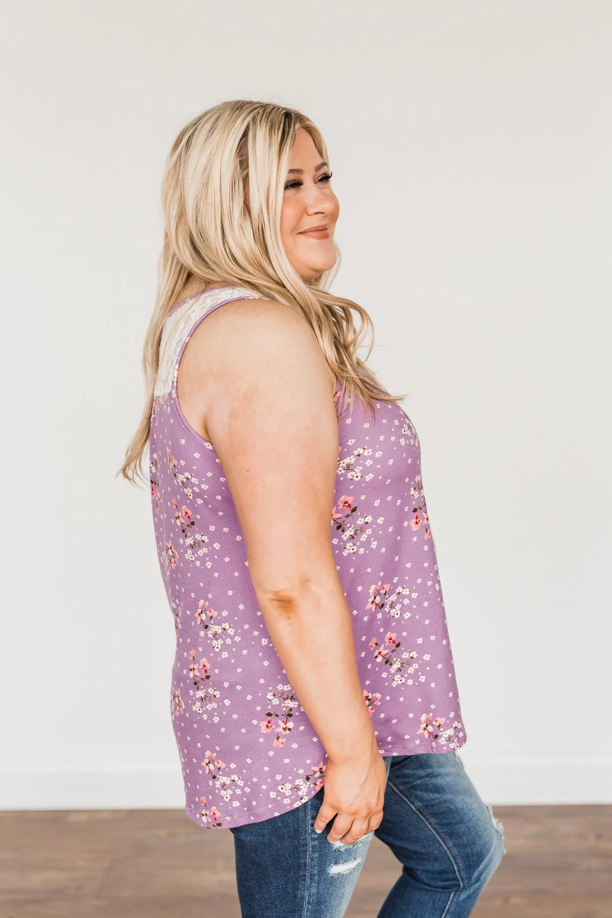 Flowering Fields Floral Lace Tank Top- Lavender - Image 6