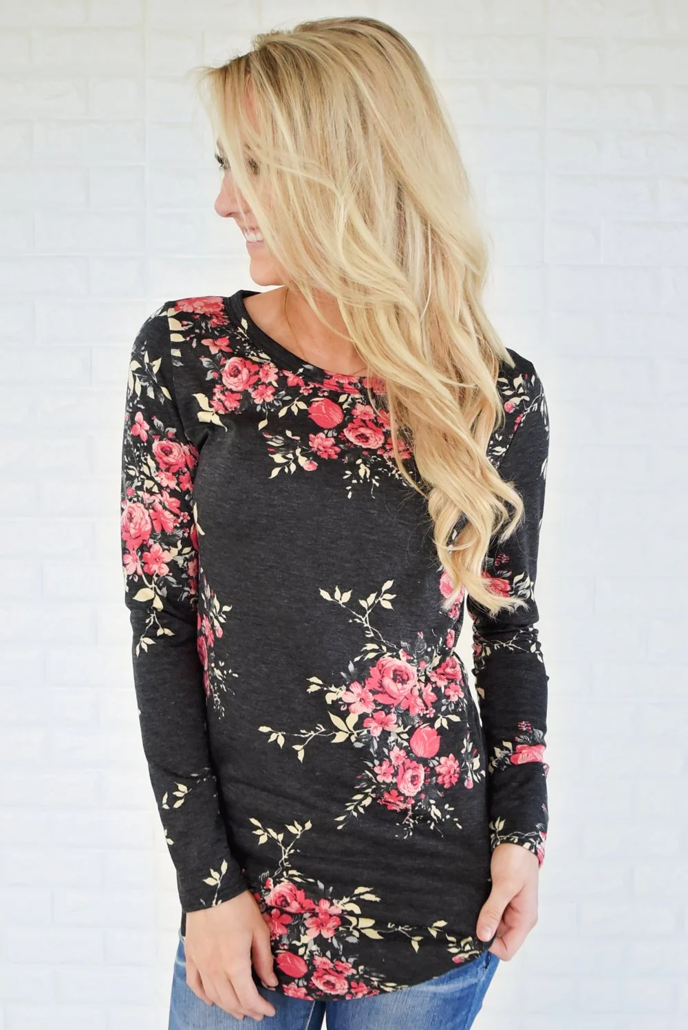 Flowers in Fall Long Sleeve Top ~ Charcoal - Image 4