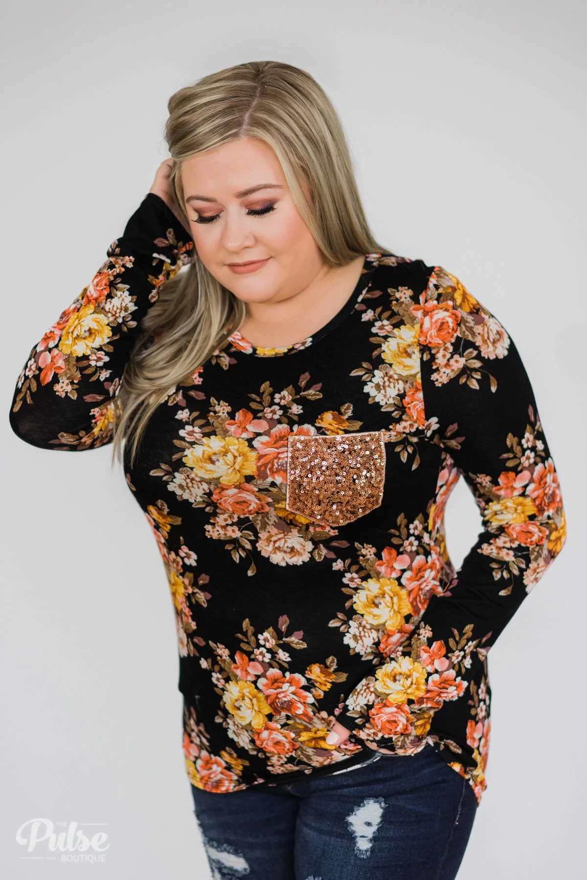Flowers of Fall Sequin Pocket Long Sleeve Top- Black - Image 2