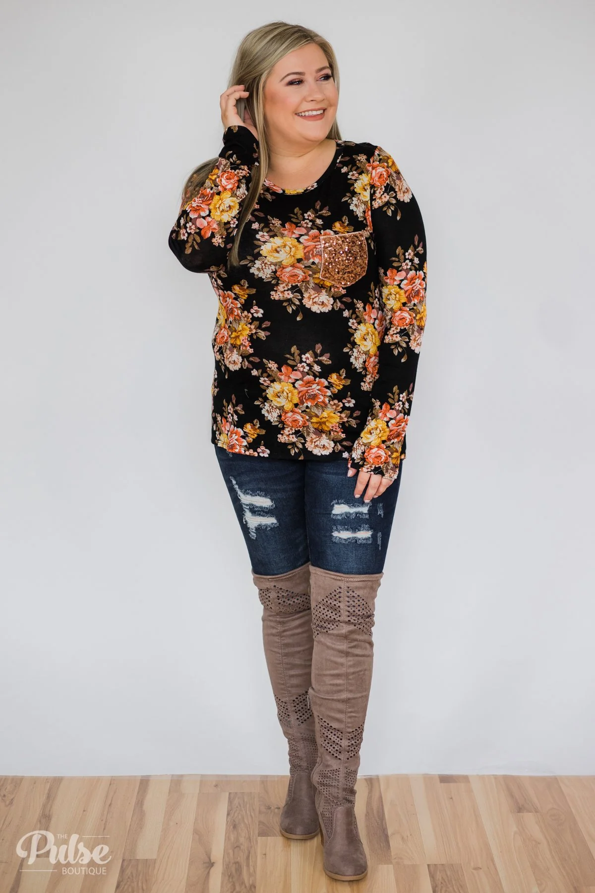 Flowers of Fall Sequin Pocket Long Sleeve Top- Black - Image 3