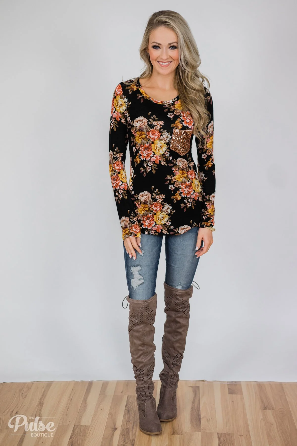 Flowers of Fall Sequin Pocket Long Sleeve Top- Black - Image 4