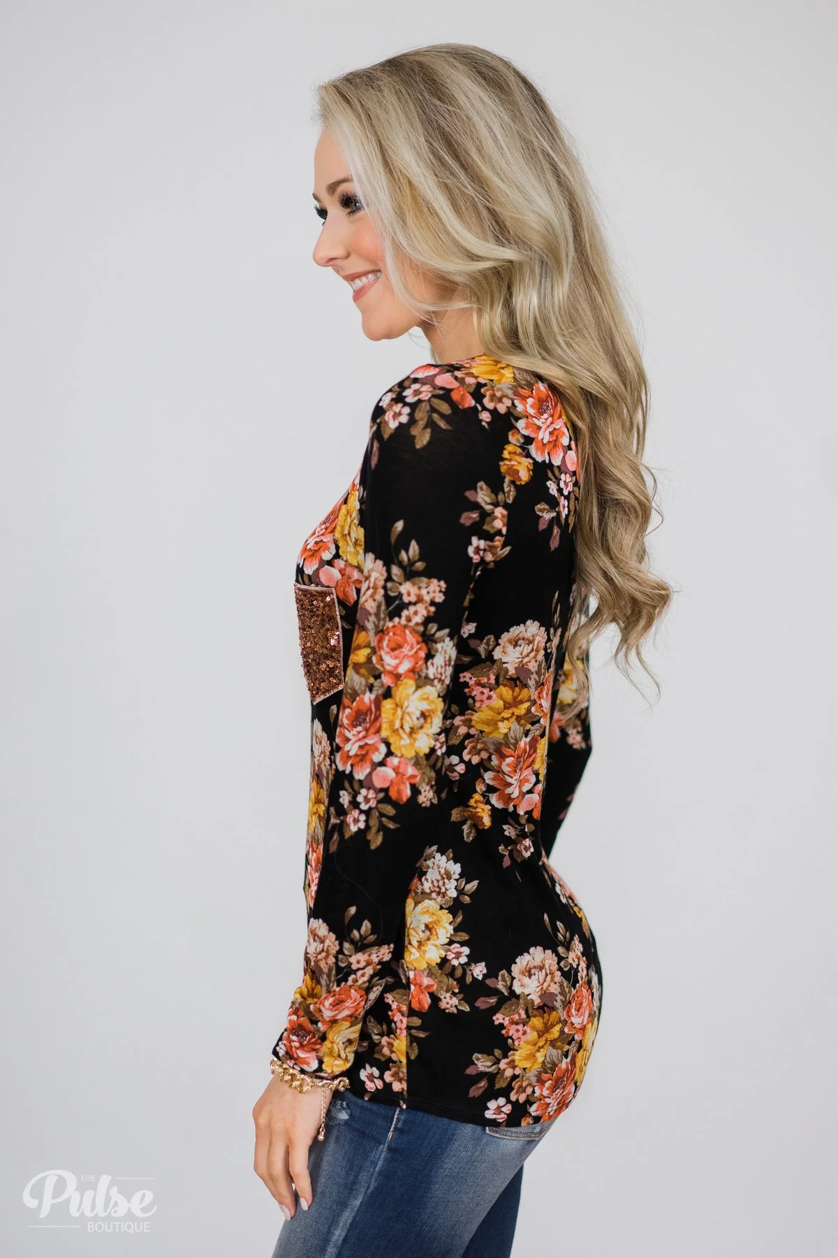 Flowers of Fall Sequin Pocket Long Sleeve Top- Black - Image 7