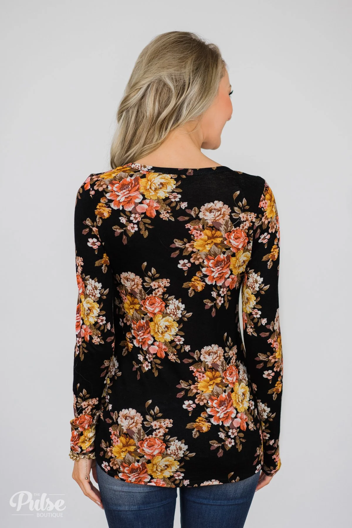 Flowers of Fall Sequin Pocket Long Sleeve Top- Black - Image 8