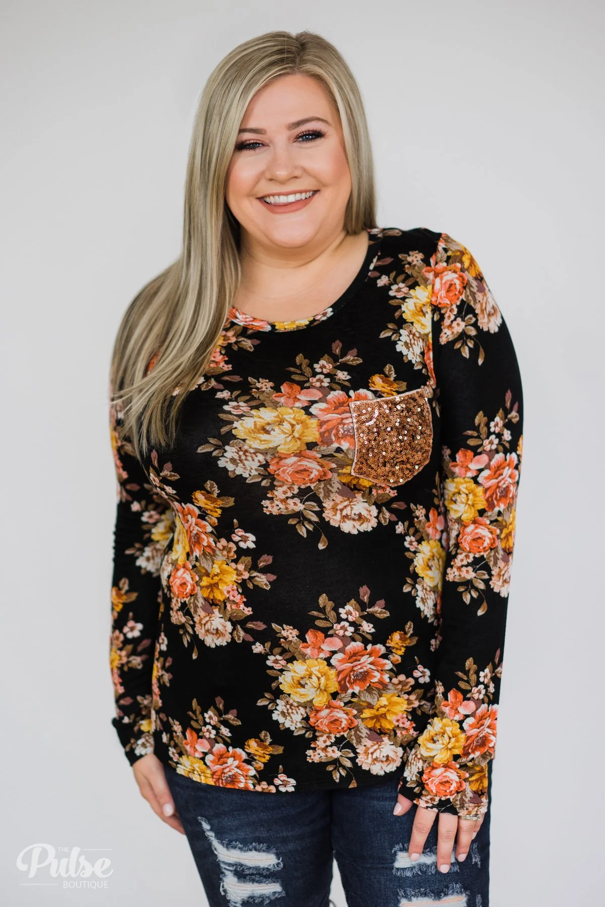 Flowers of Fall Sequin Pocket Long Sleeve Top- Black - Image 9
