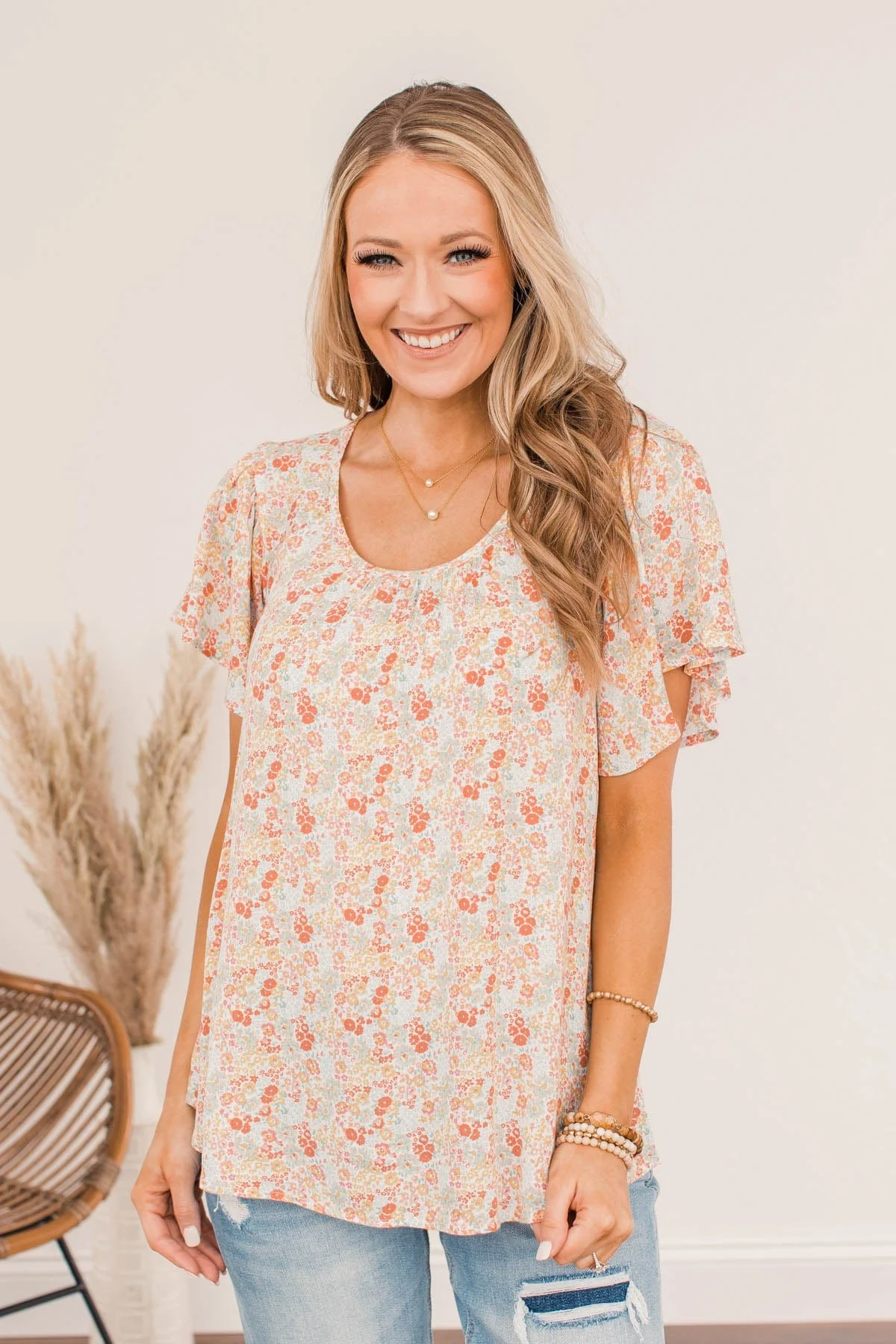 Fluttering Butterflies Floral Top- Coral - Image 3