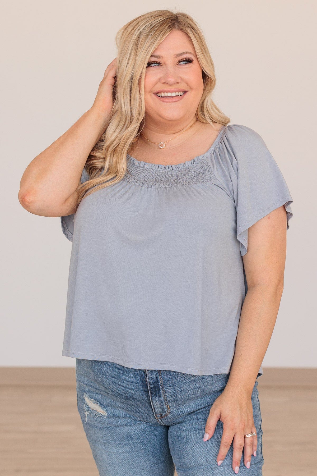 Fluttering Feelings Smocked Top- Light Steel Blue - Image 2