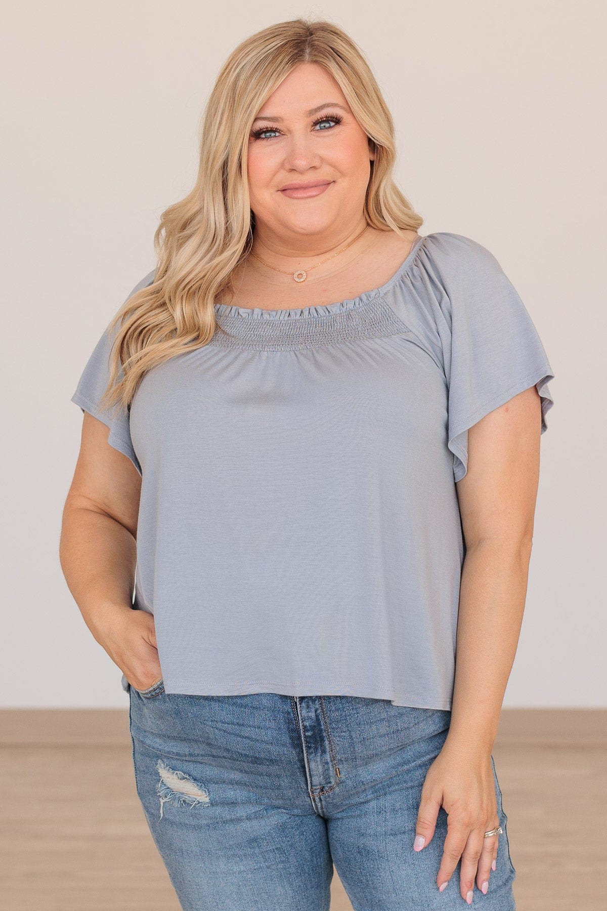 Fluttering Feelings Smocked Top- Light Steel Blue - Image 5