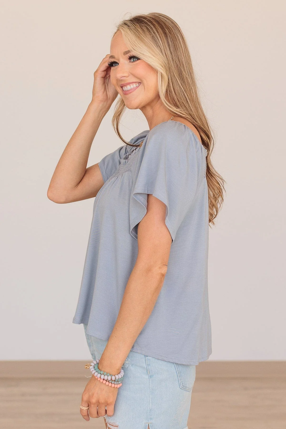 Fluttering Feelings Smocked Top- Light Steel Blue - Image 6