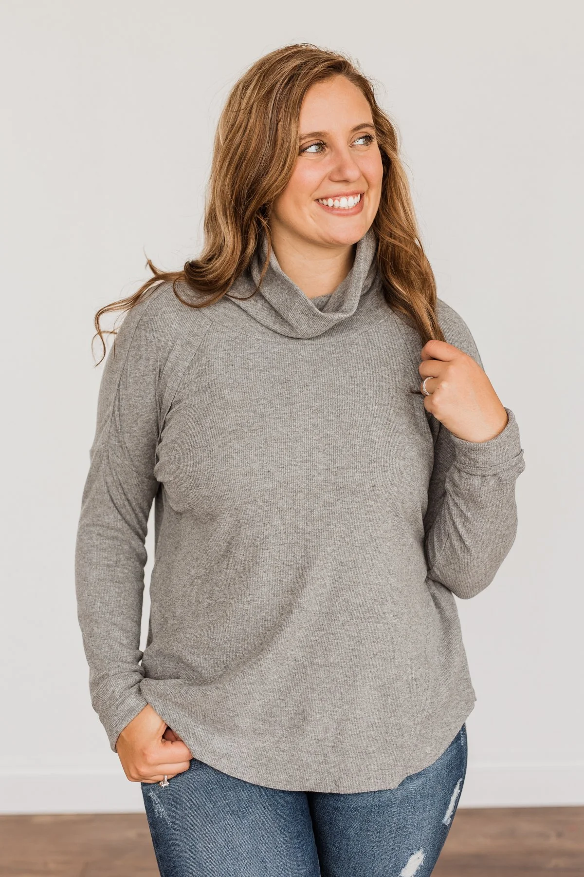 Fluttering Leaves Cowl Neck Top- Grey - Image 5
