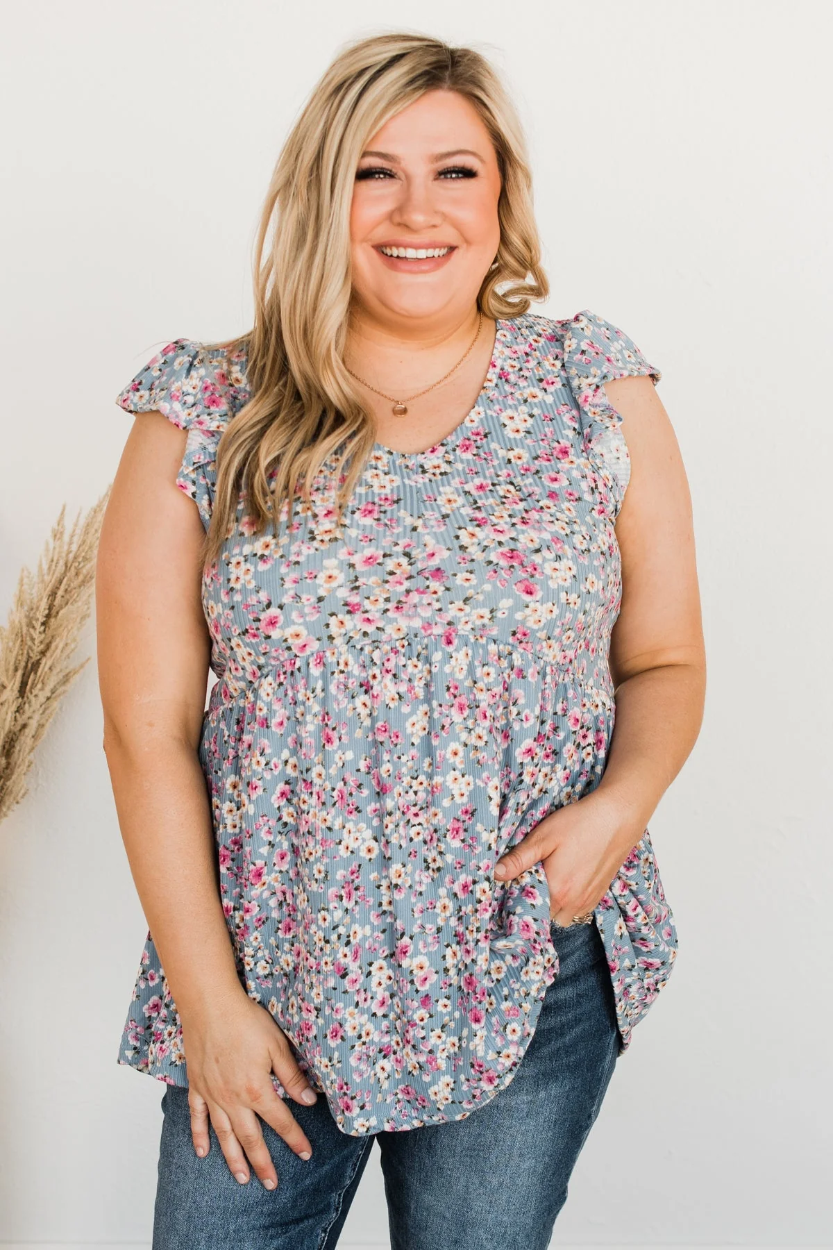 Fluttering Petals Floral Babydoll Top- Blue - Image 2