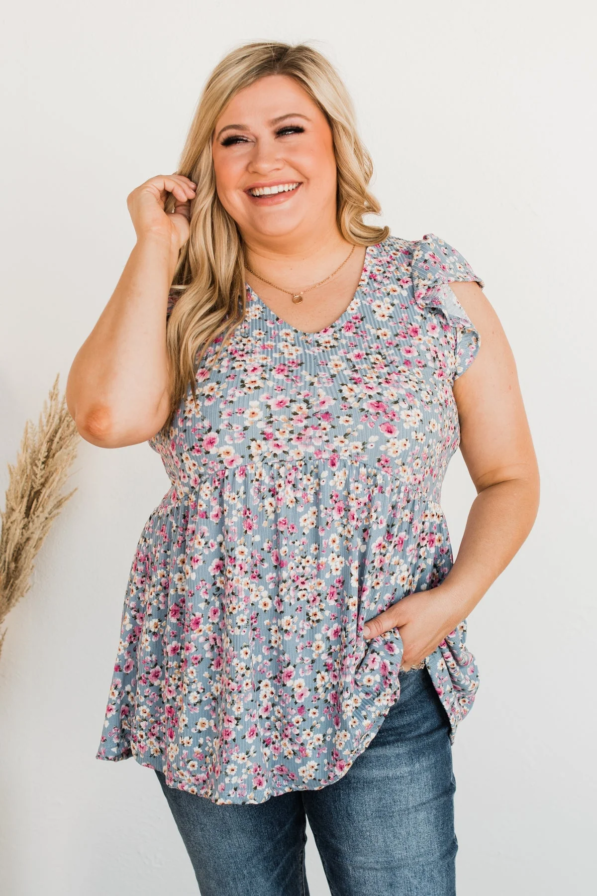 Fluttering Petals Floral Babydoll Top- Blue - Image 5