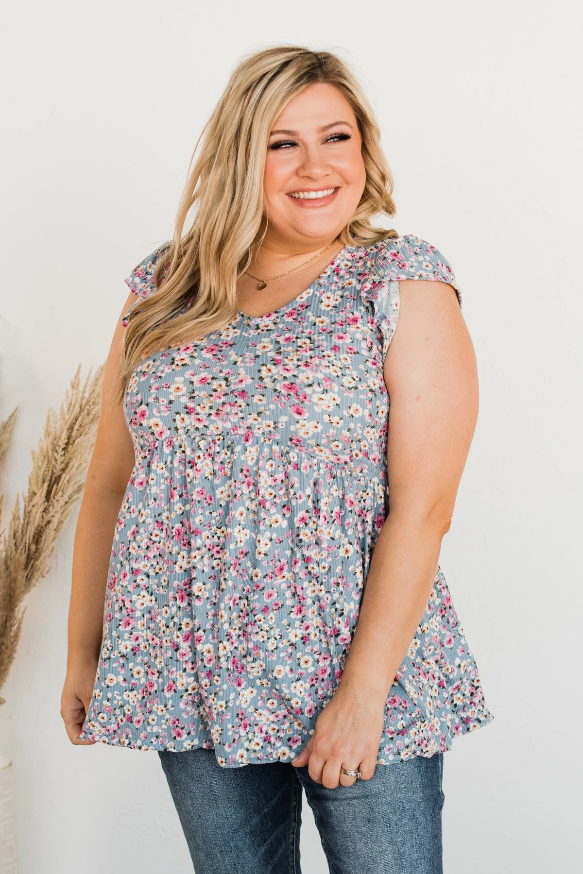 Fluttering Petals Floral Babydoll Top- Blue - Image 7