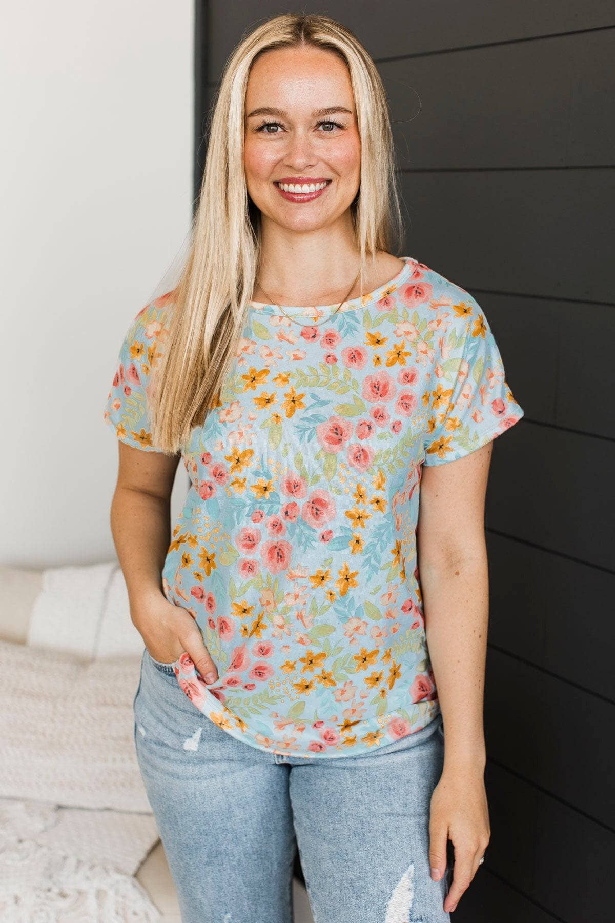 Flying Through Time Floral Top- Light Blue