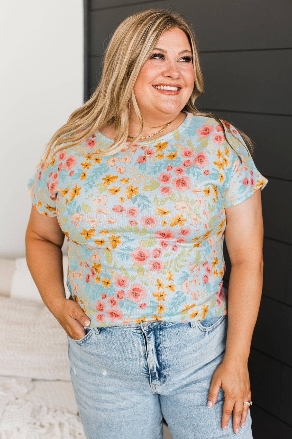 Flying Through Time Floral Top- Light Blue - Image 2