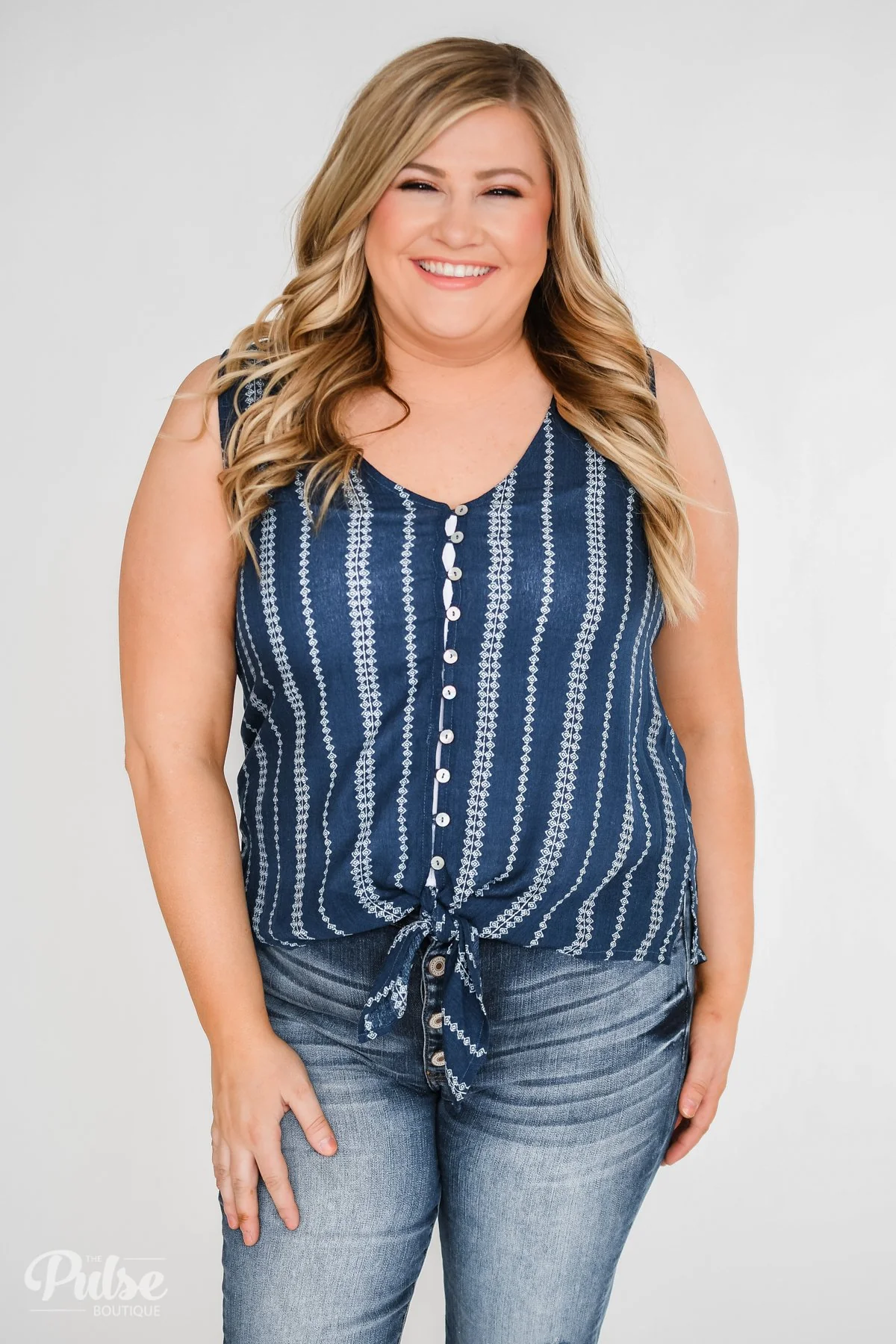 Focus On Me Tie & Button Tank Top- Navy - Image 12