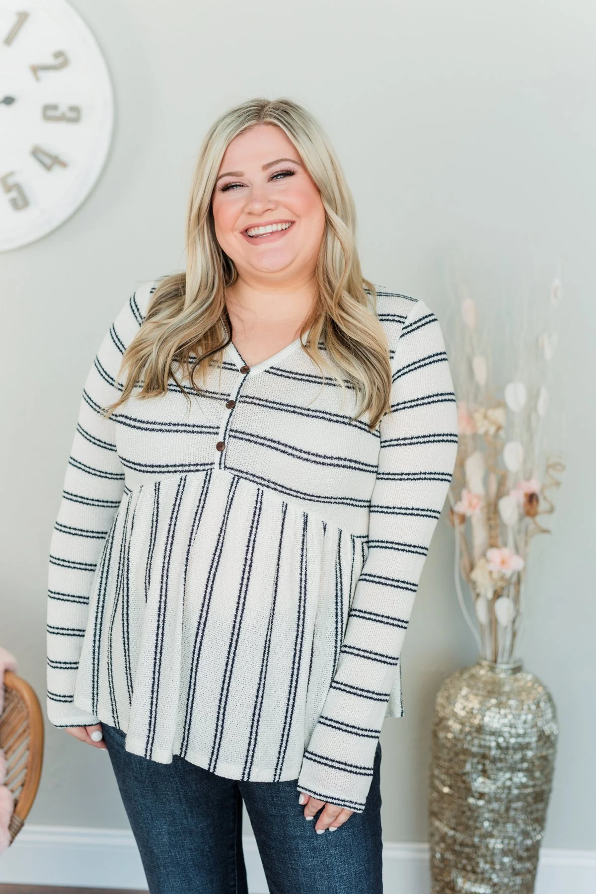 Focus On The Positive Babydoll Top- Ivory & Navy - Image 4