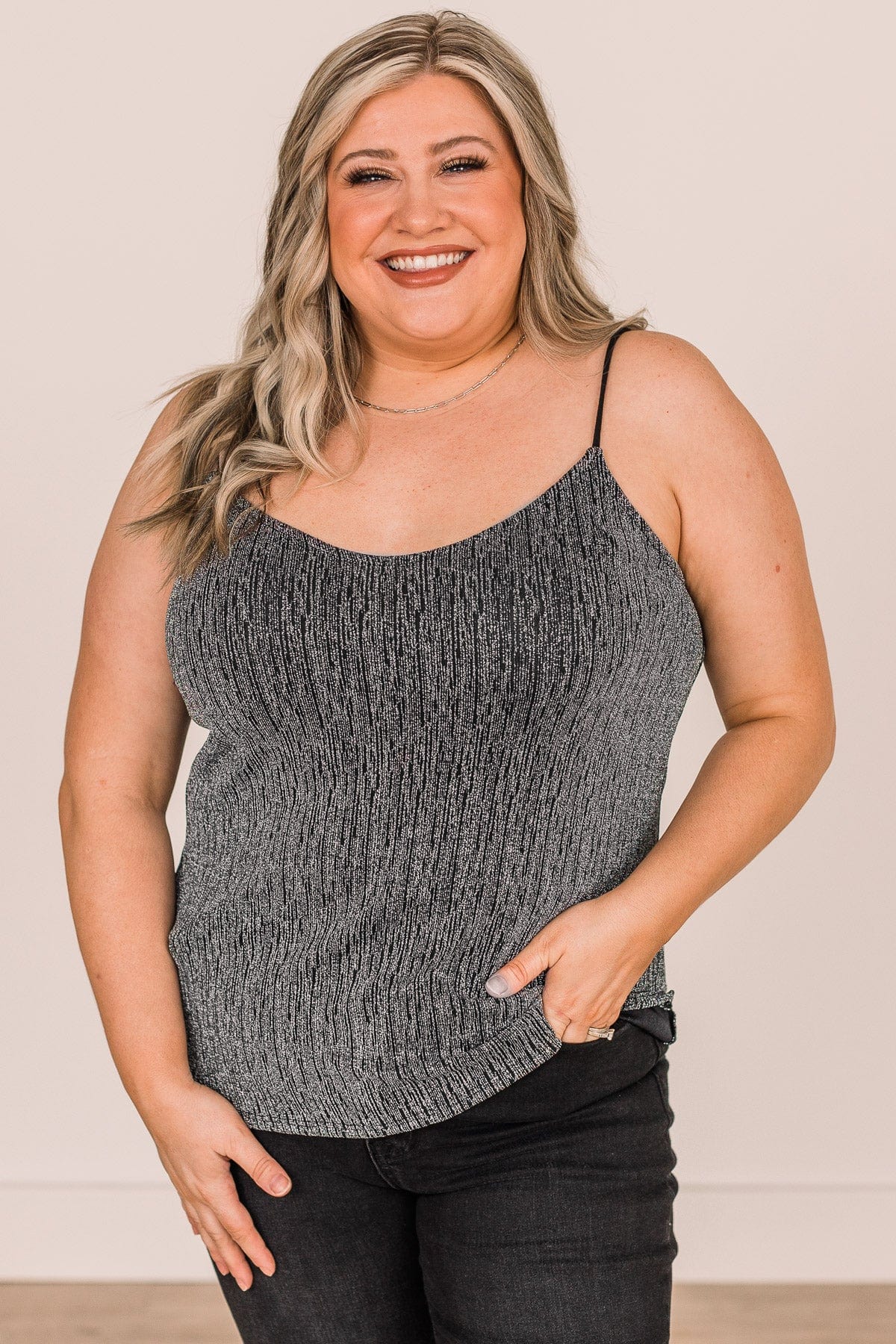 Focused On Forever Shimmer Tank Top- Black & Silver - Image 2
