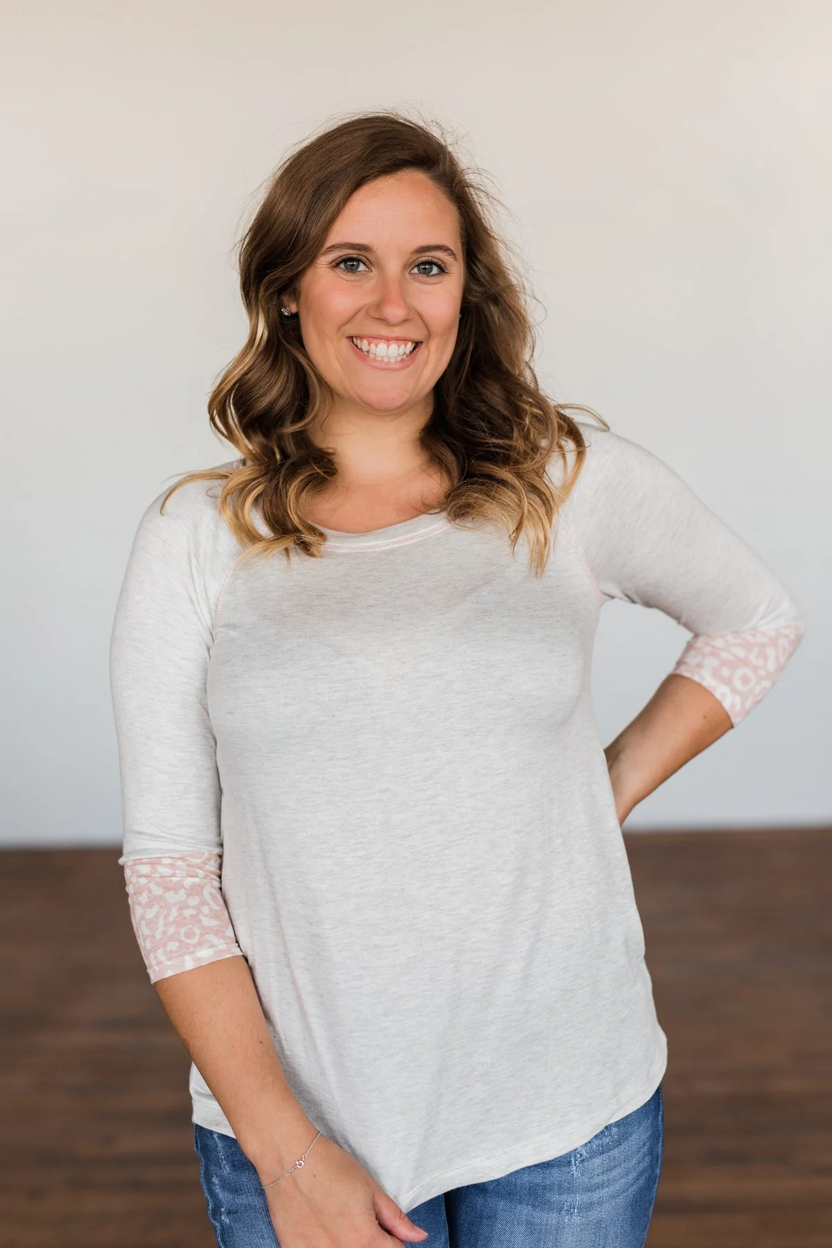Follow My Feelings 3/4 Sleeve Top- Light Heather Grey & Blush