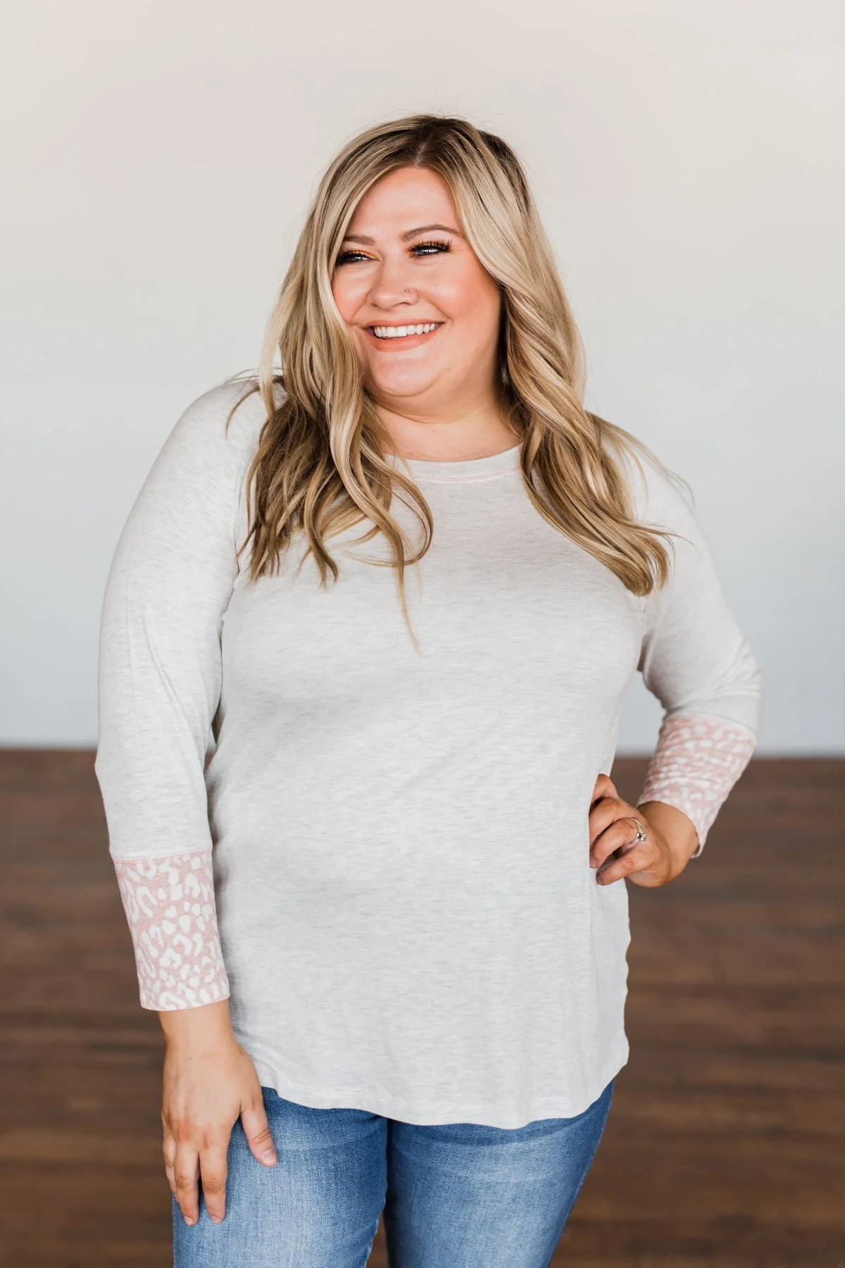 Follow My Feelings 3/4 Sleeve Top- Light Heather Grey & Blush - Image 6