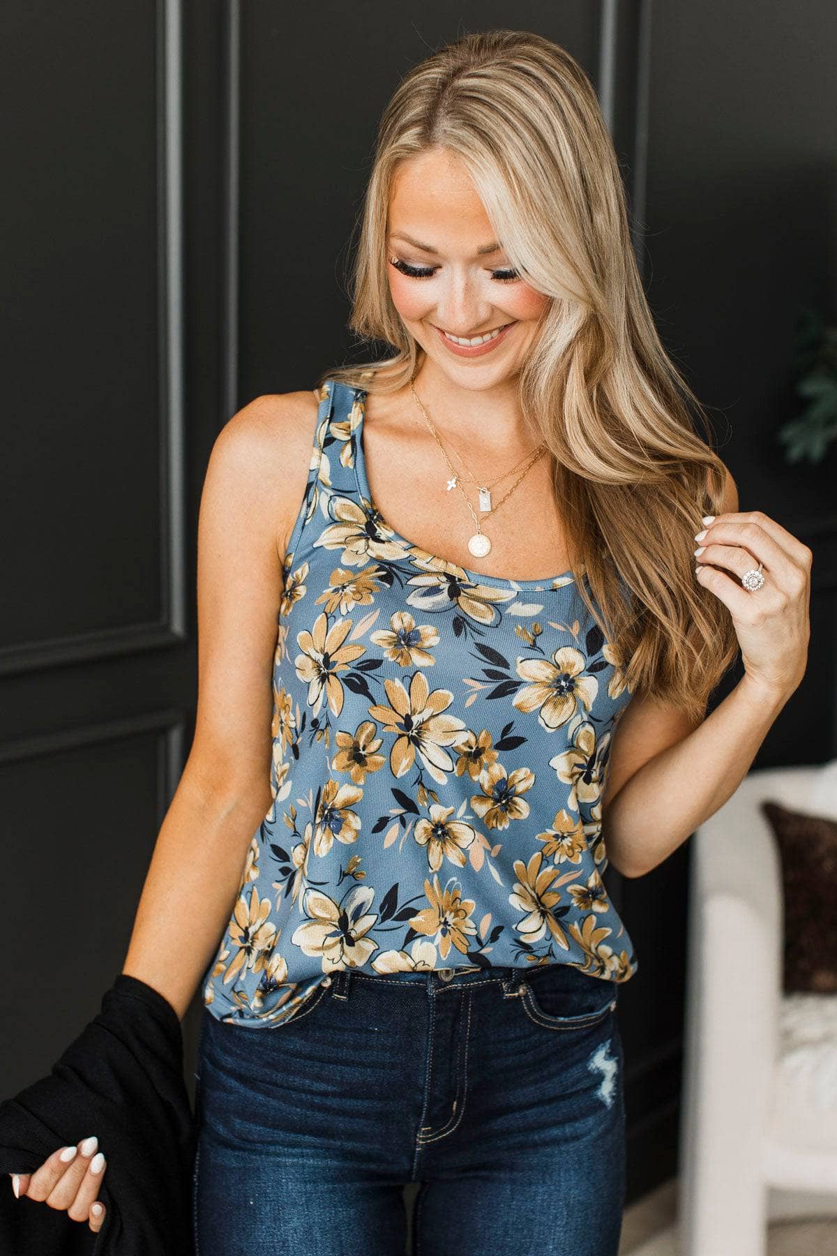 Follow That Dream Floral Tank Top- Denim Blue