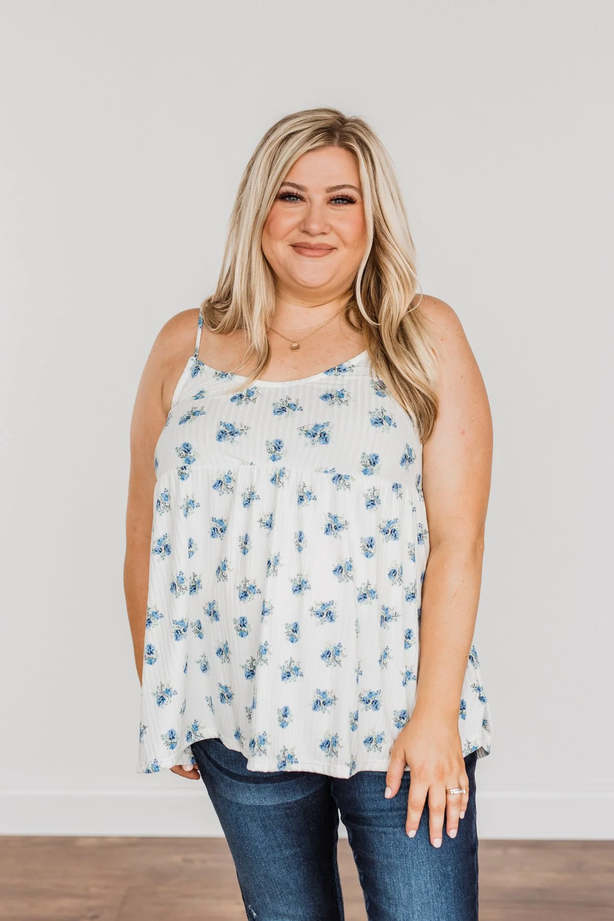 Follow The Flowers Knit Tank Top- Off-White & Blue - Image 2