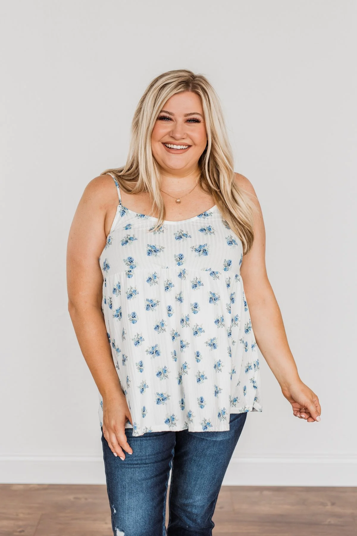 Follow The Flowers Knit Tank Top- Off-White & Blue - Image 5