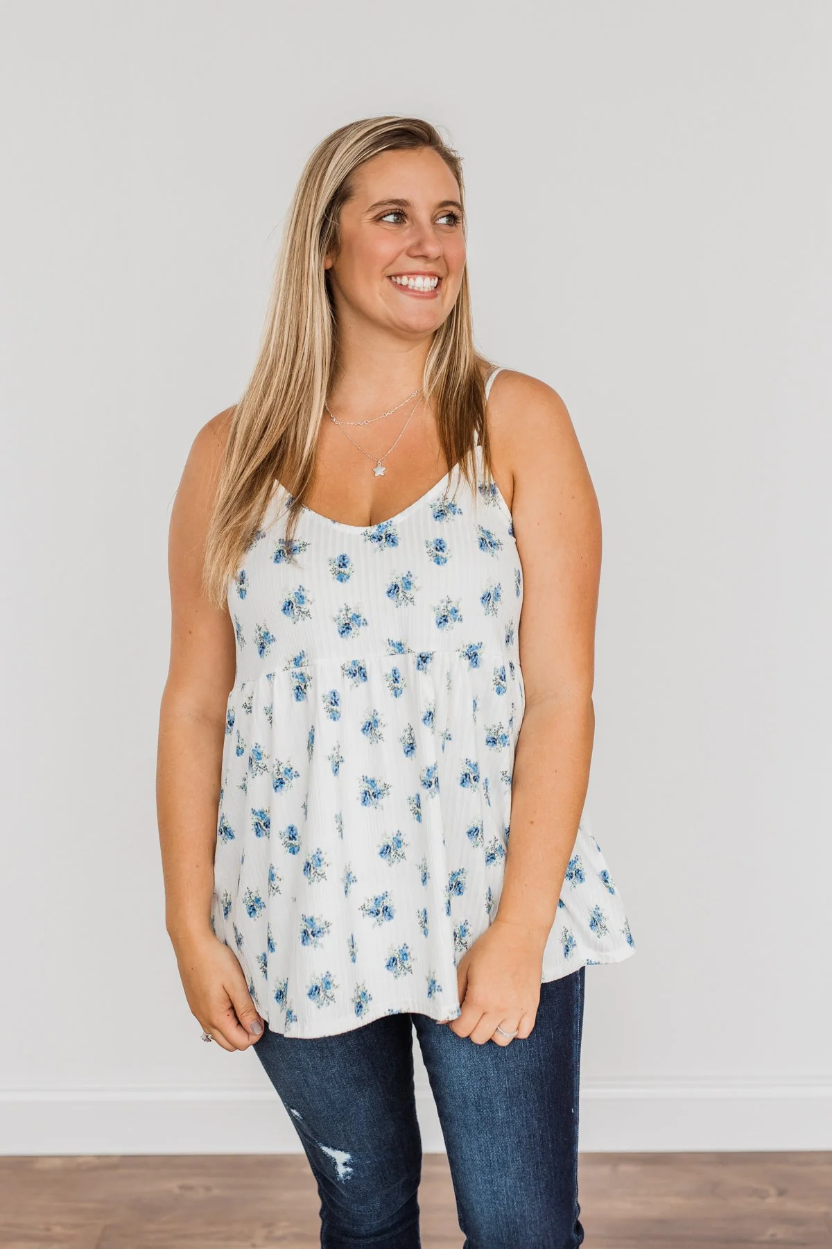 Follow The Flowers Knit Tank Top- Off-White & Blue - Image 6