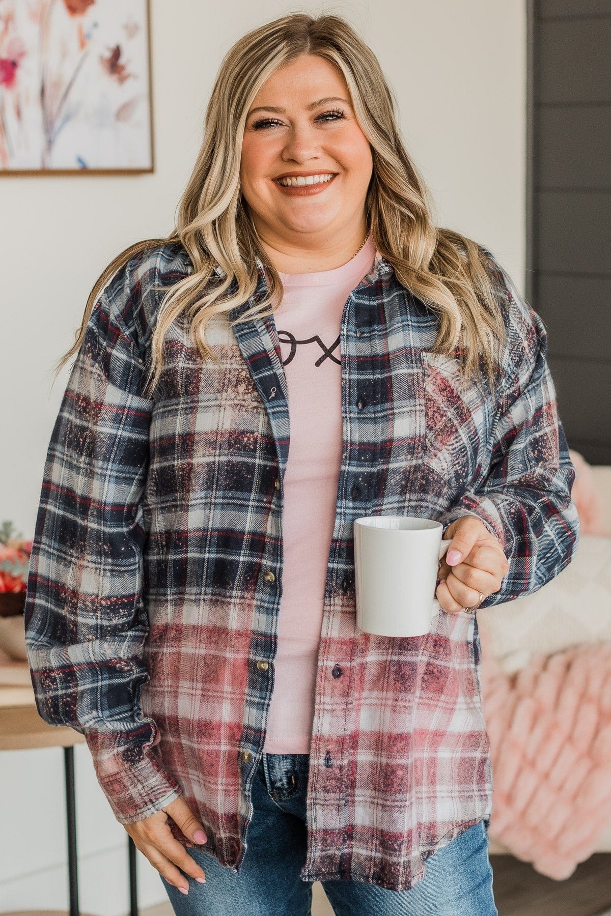 Follow You Anywhere Bleached Plaid Top- Navy & Pink - Image 4