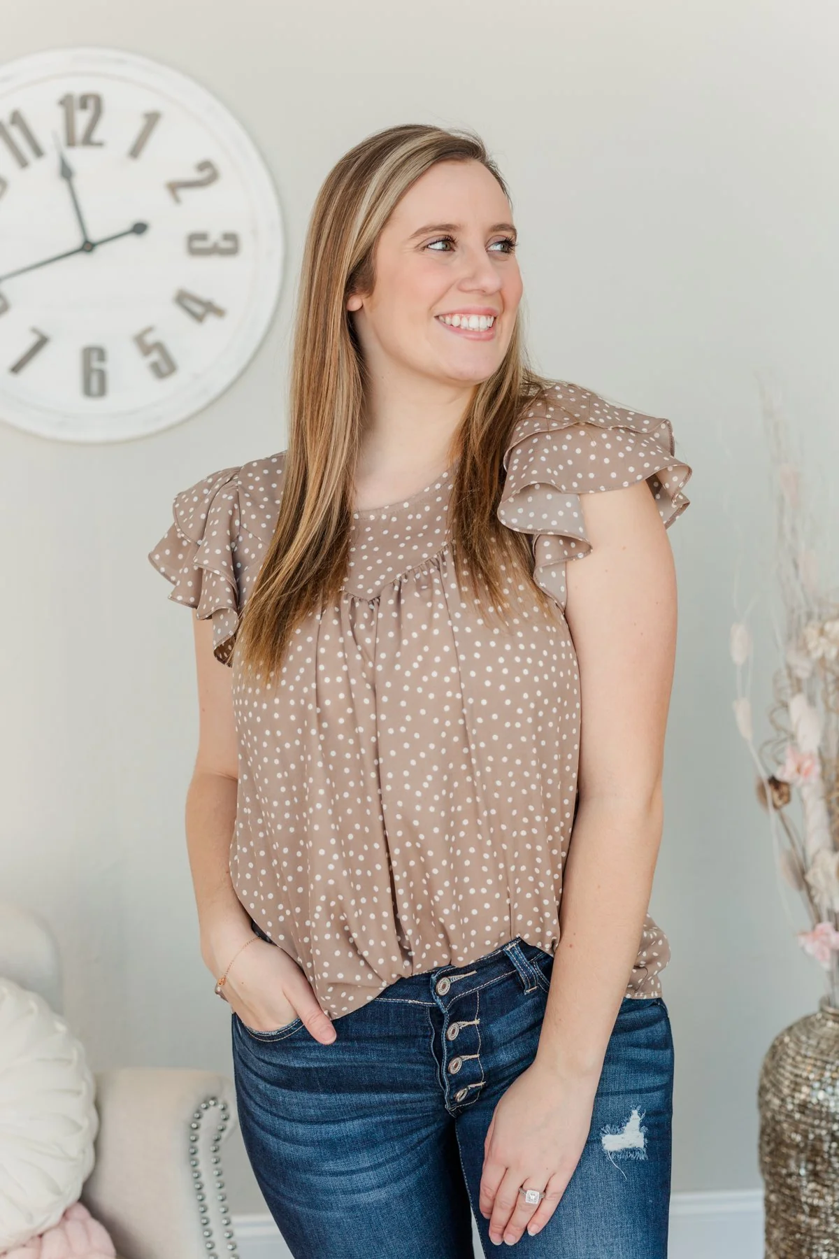 Follow Your Dreams Polka Dot Blouse- Taupe - Image 5