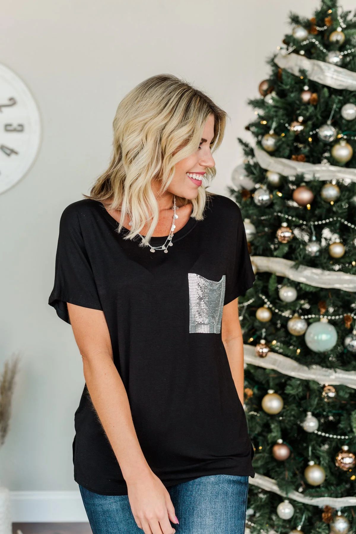 Following My Dreams Glam Pocket Top- Black & Silver - Image 6