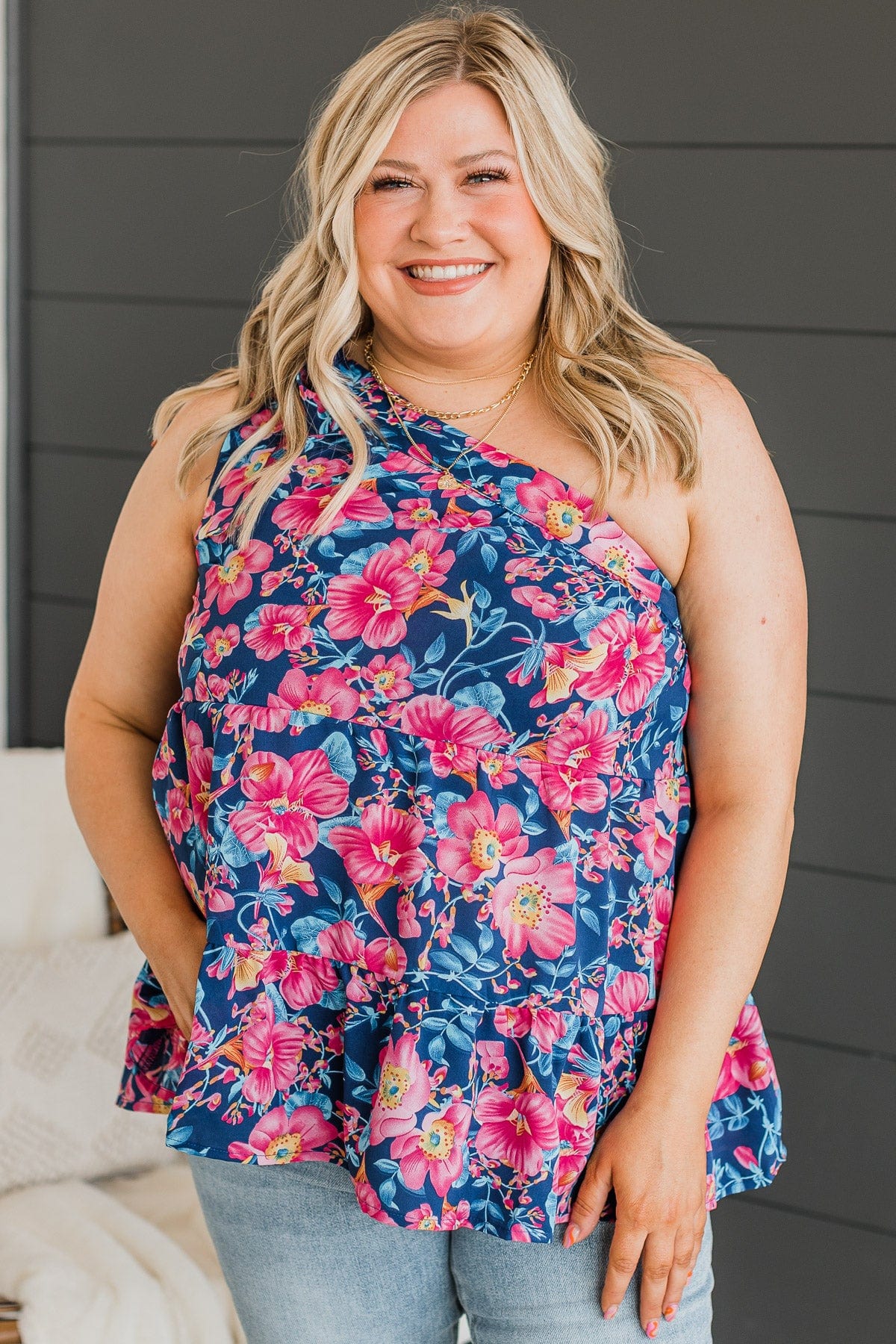 Fond Memories One-Shoulder Tank Top- Navy & Pink - Image 2