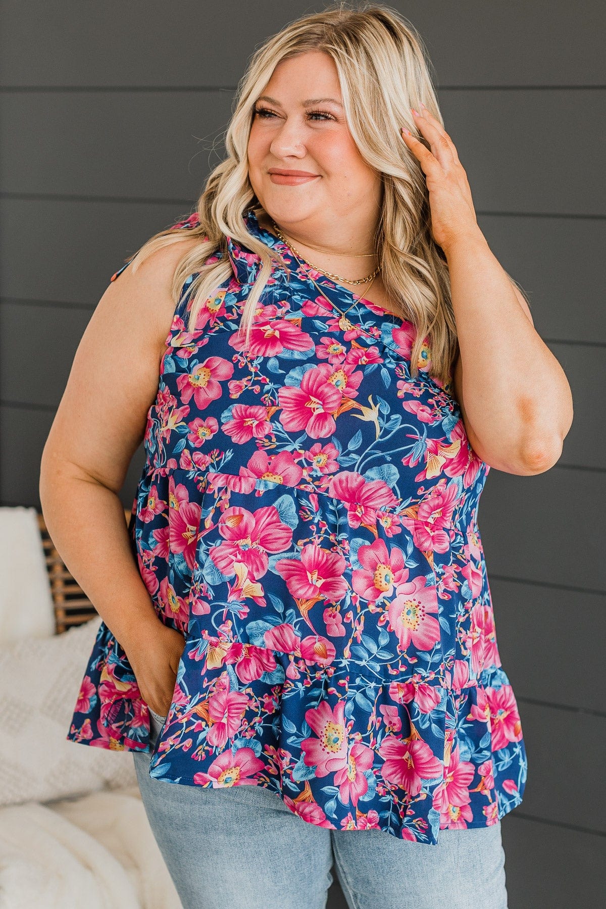 Fond Memories One-Shoulder Tank Top- Navy & Pink - Image 4