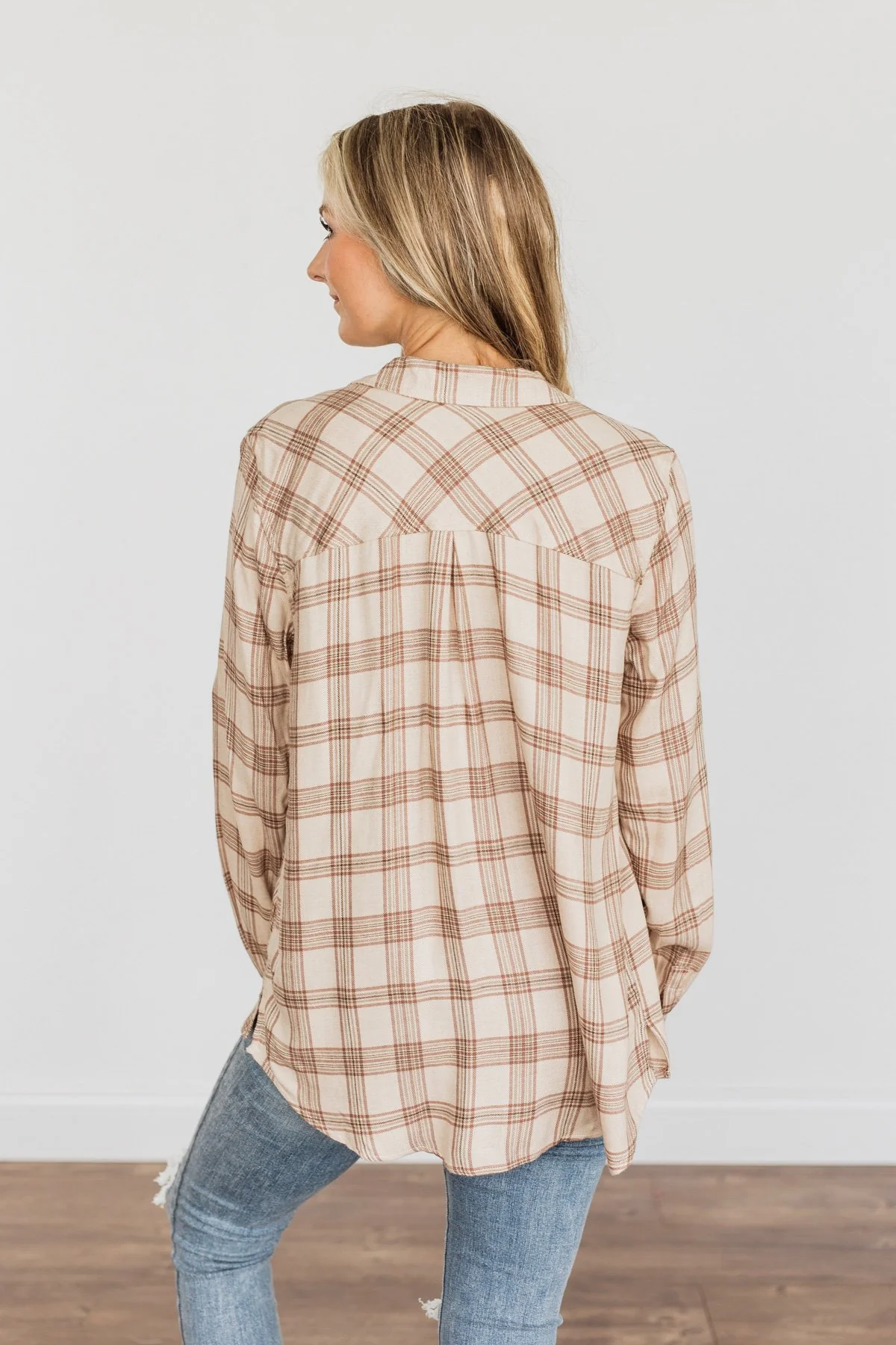 For A Rainy Day Button Down Plaid Top- Oatmeal, Taupe & Mocha - Image 10