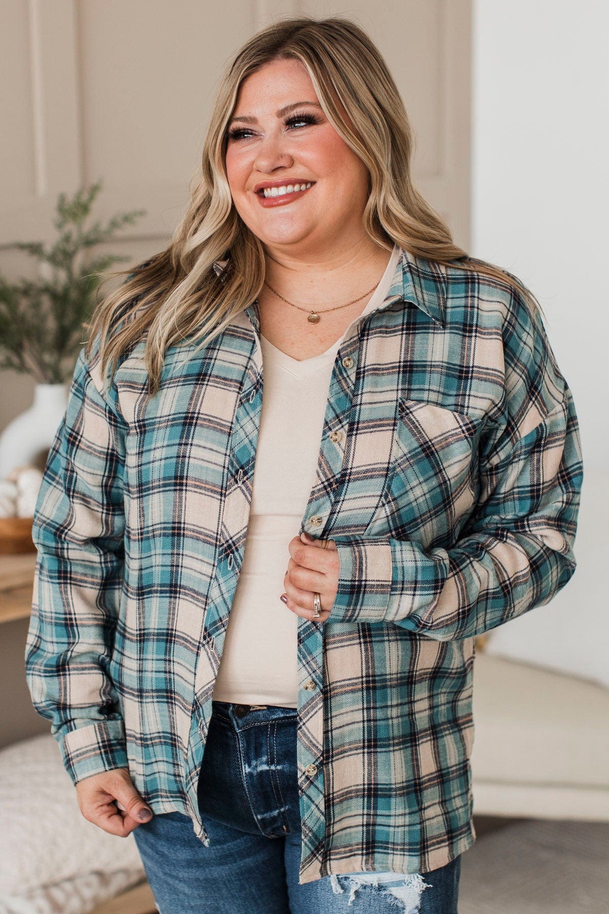 For Another Time Plaid Button Top- Teal - Image 2