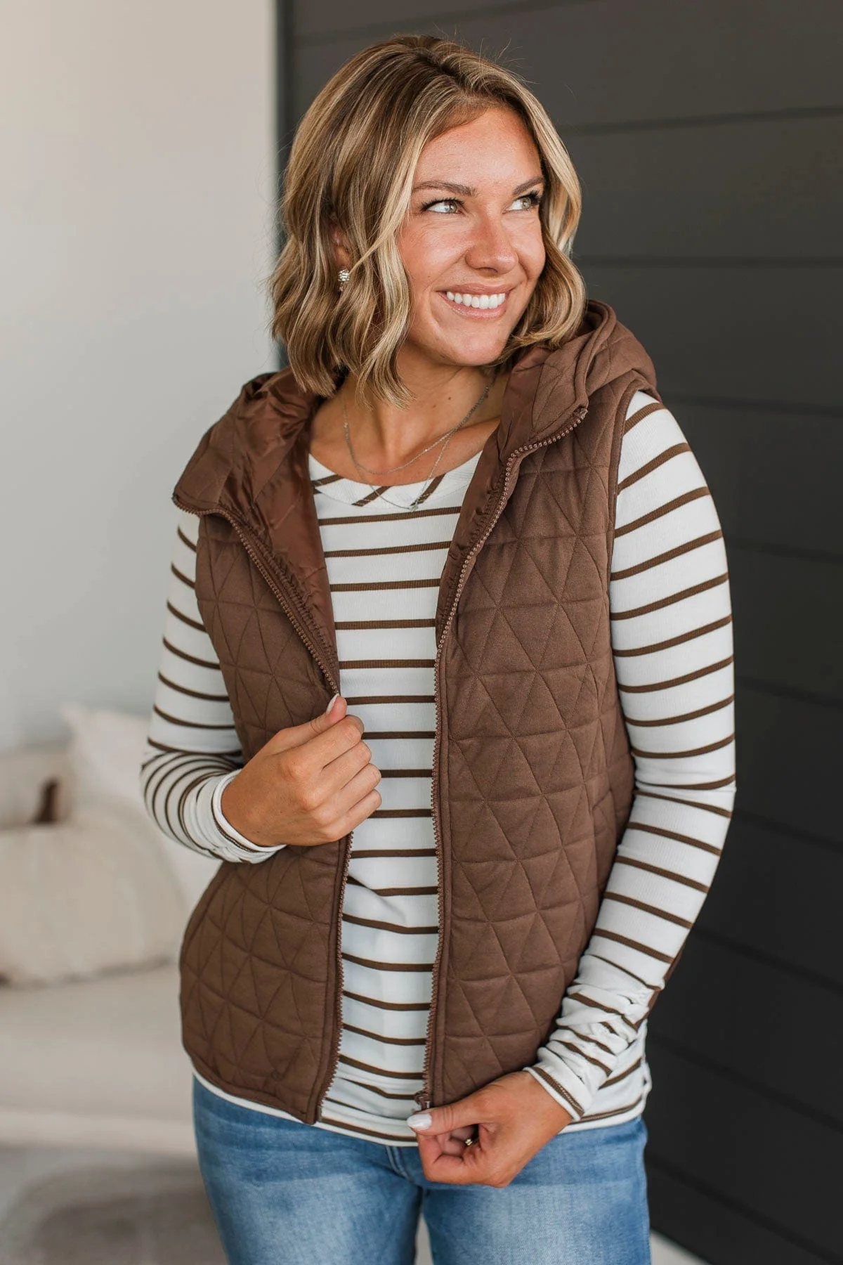 For The Moment Hooded Vest- Brown