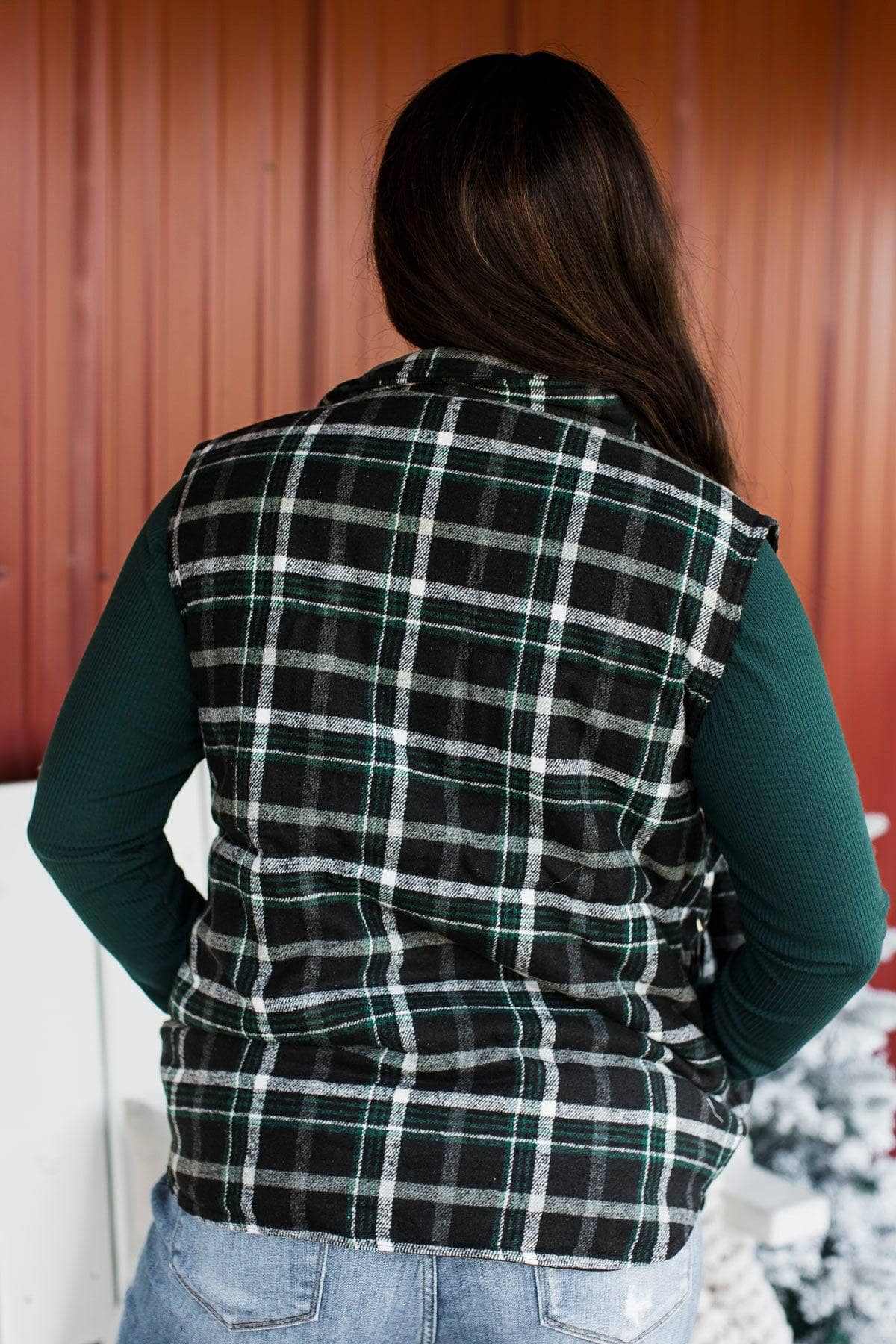 For You Always Plaid Puffer Vest- Black & Green - Image 11