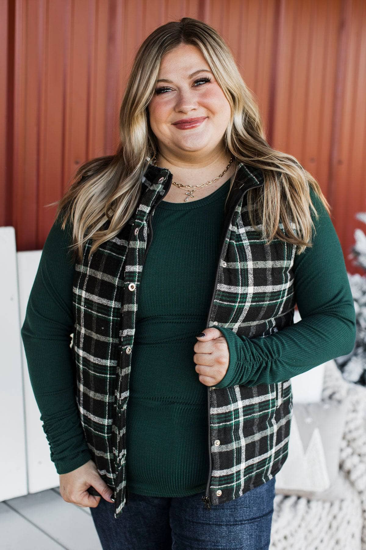 For You Always Plaid Puffer Vest- Black & Green - Image 5