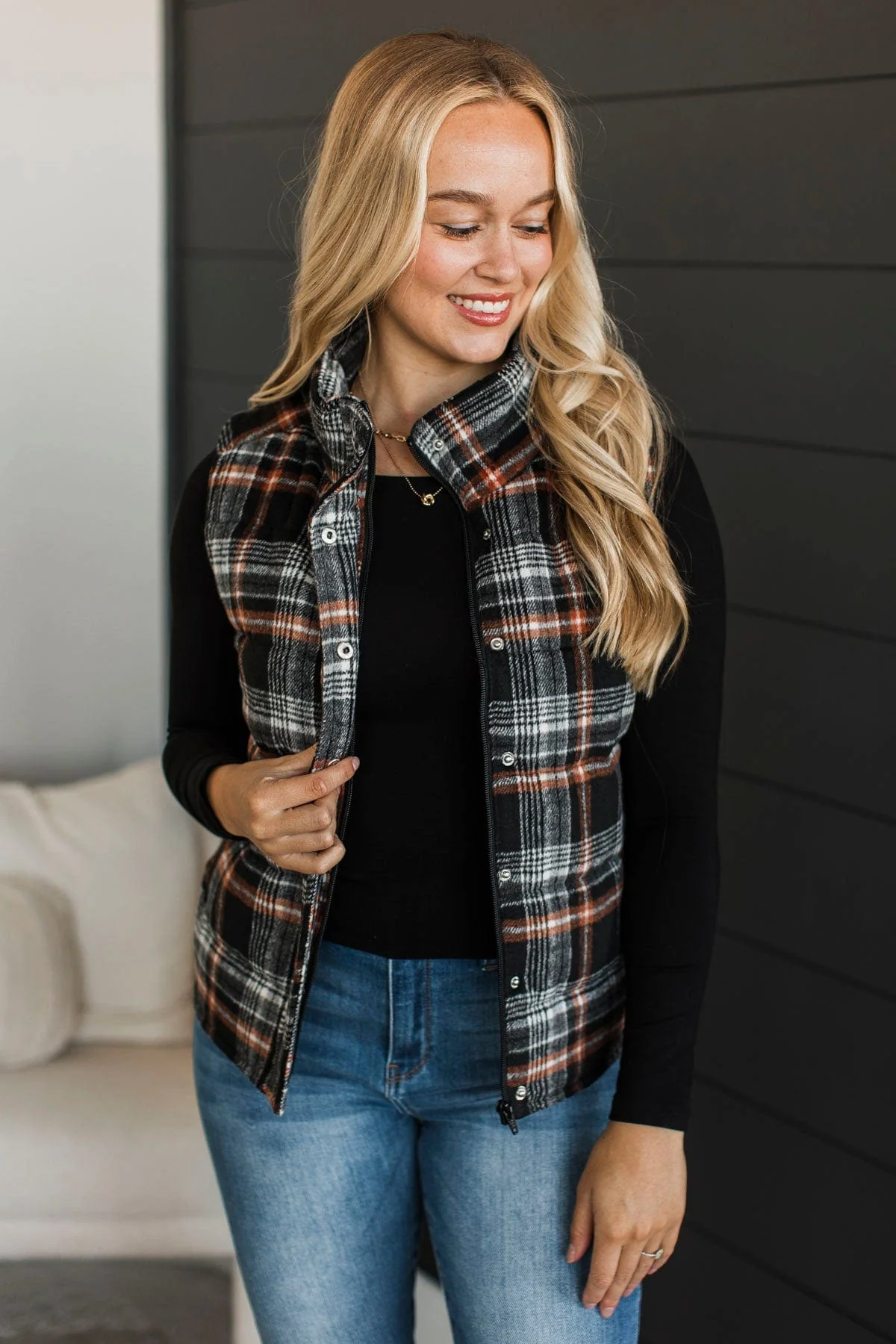 For You Always Plaid Puffer Vest- Black & Orange - Image 2