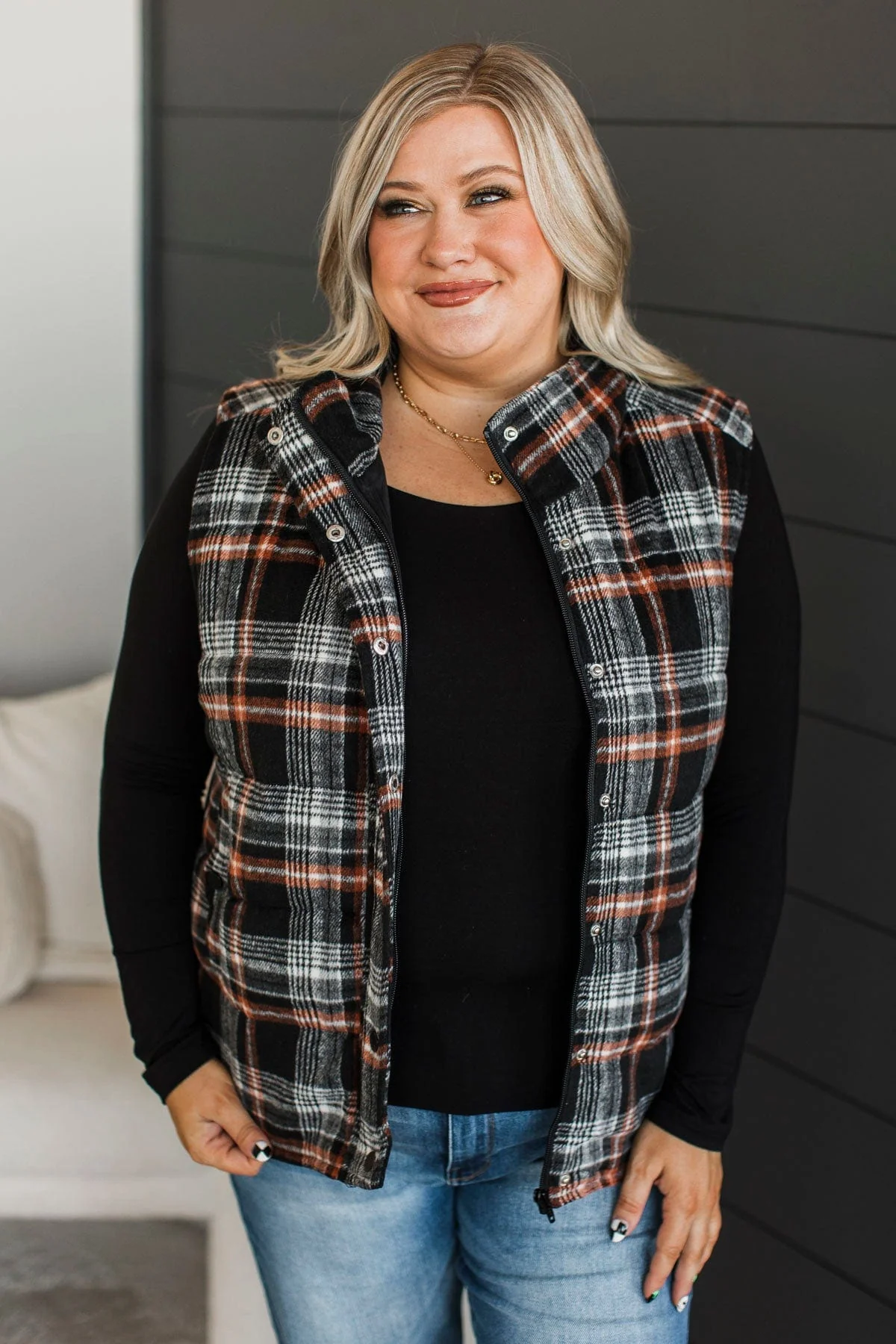 For You Always Plaid Puffer Vest- Black & Orange - Image 3