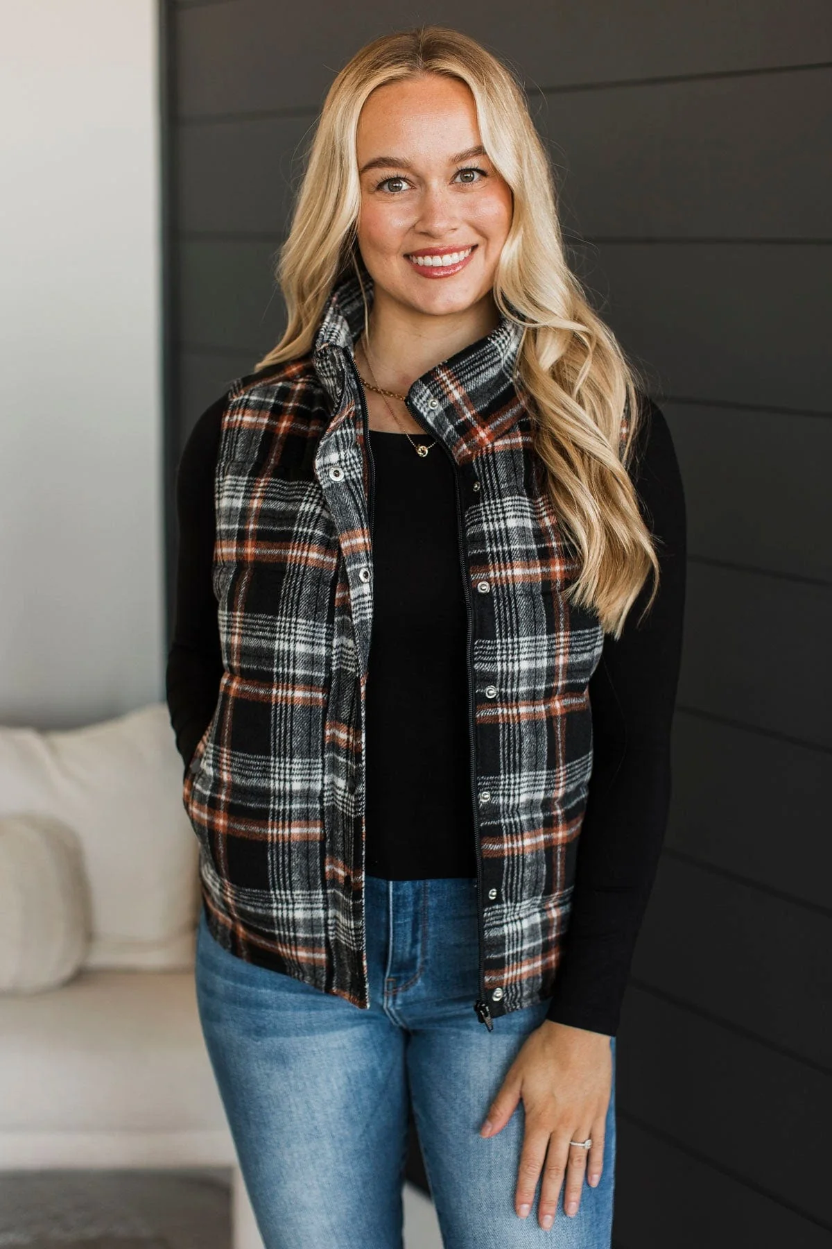 For You Always Plaid Puffer Vest- Black & Orange - Image 4