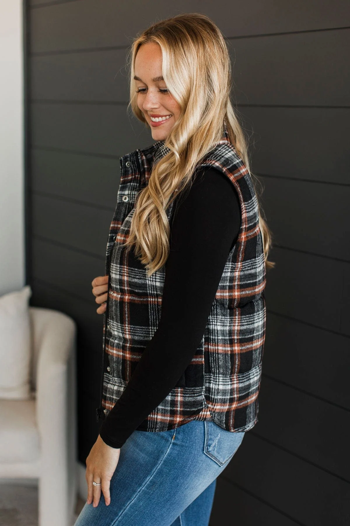 For You Always Plaid Puffer Vest- Black & Orange - Image 6
