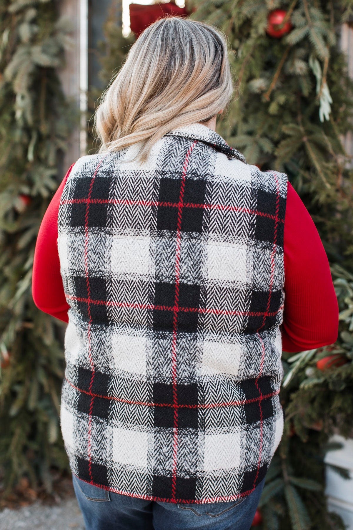 For You Always Plaid Puffer Vest- Black & Red - Image 10