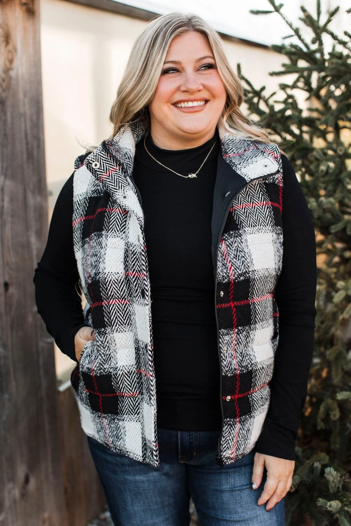 For You Always Plaid Puffer Vest- Black & Red - Image 2