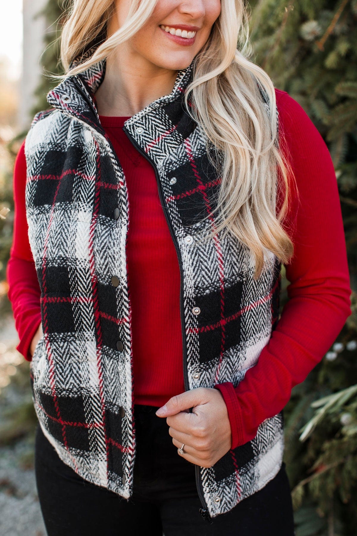 For You Always Plaid Puffer Vest- Black & Red - Image 3